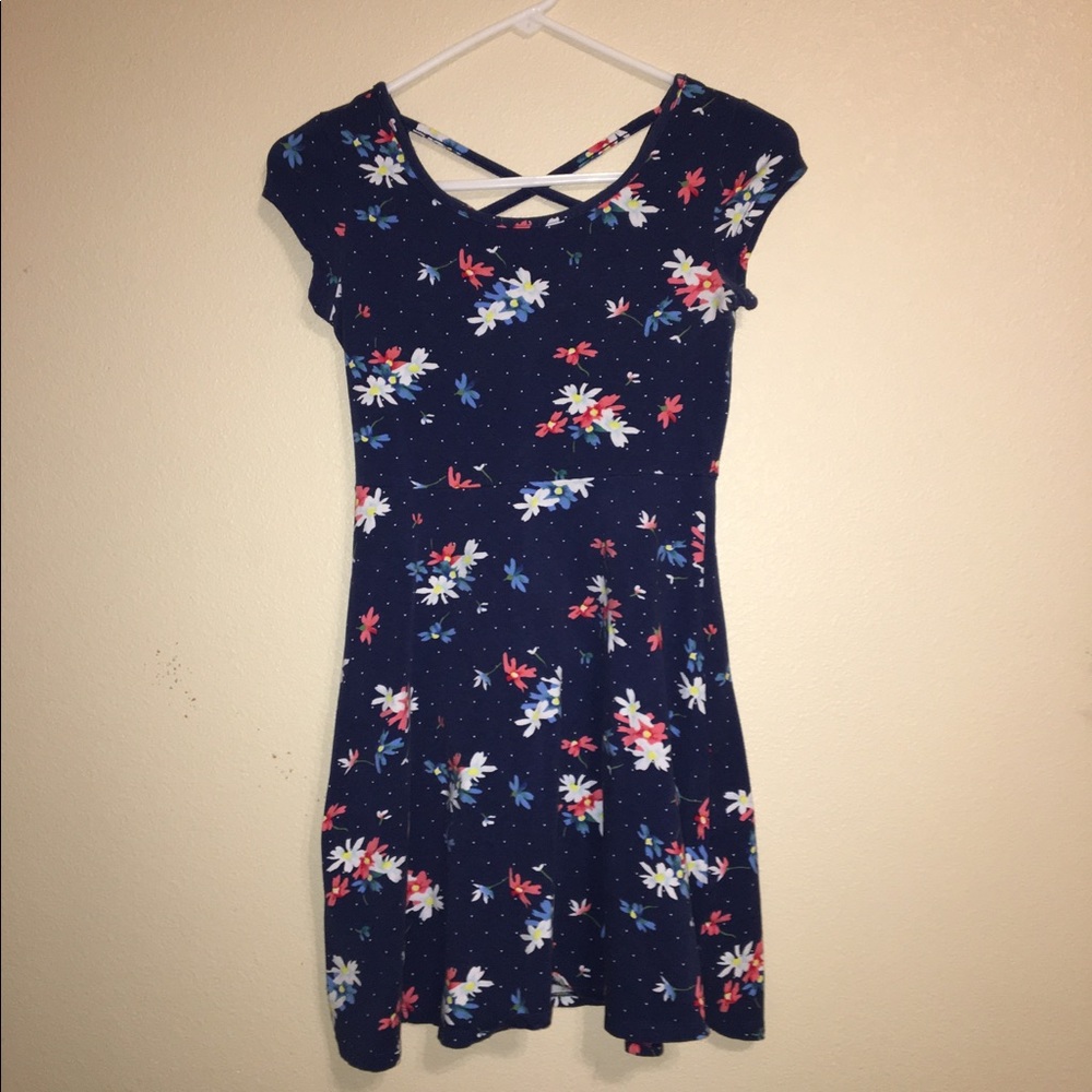 Navy Floral Strappy Back Skater Dress